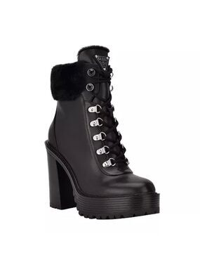 NIB Guess Kelyne Black Chunky Heeled Boots with Fur Trim - Size 8.5